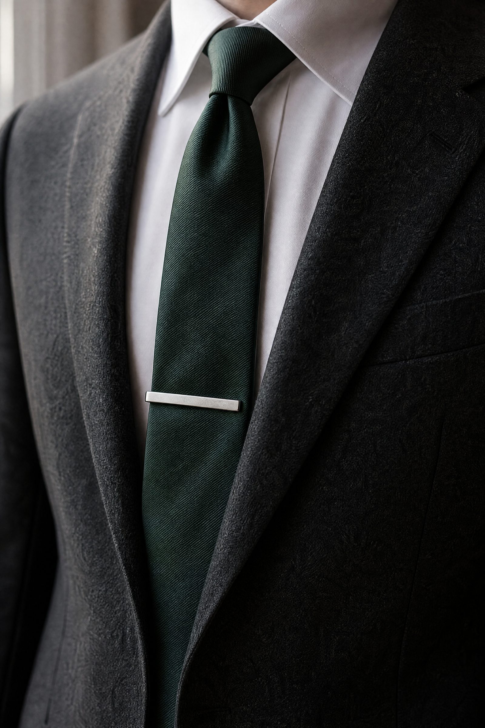 A slim silver tie bar clipped across a dark green silk tie and shirt placket, under a charcoal jacket.